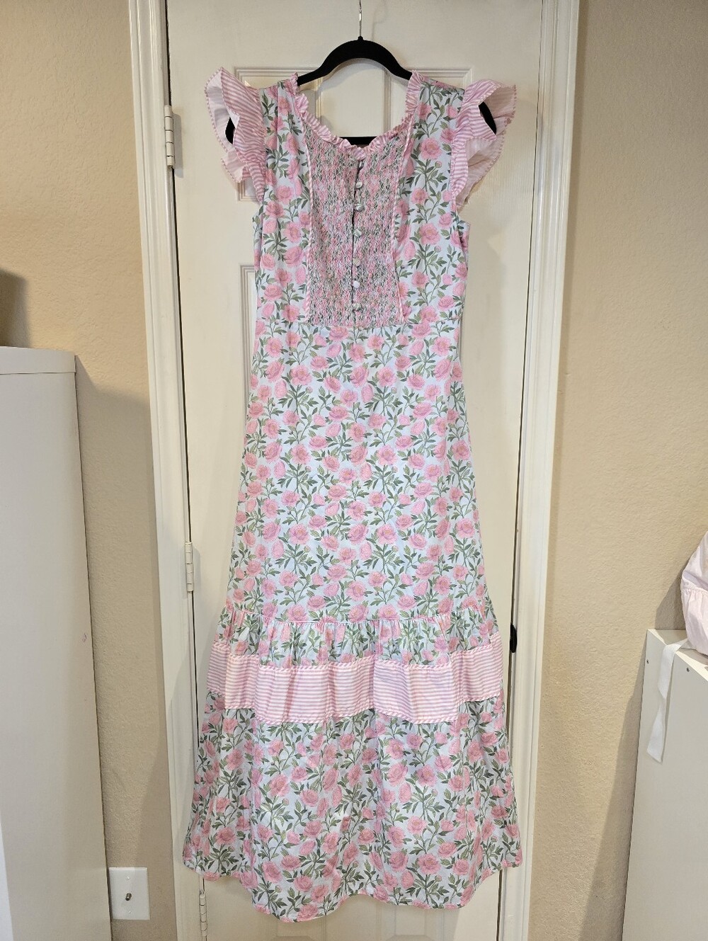 Dondolo Ruffle Sleeve Smocked Midi Dress Peony Print XL